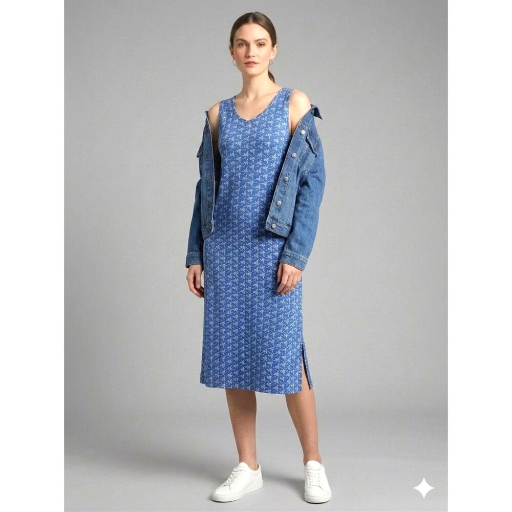 LOGO Lori Goldstein Embroidered Midi Tank Dress XS Blue Sheath Stretch Knit